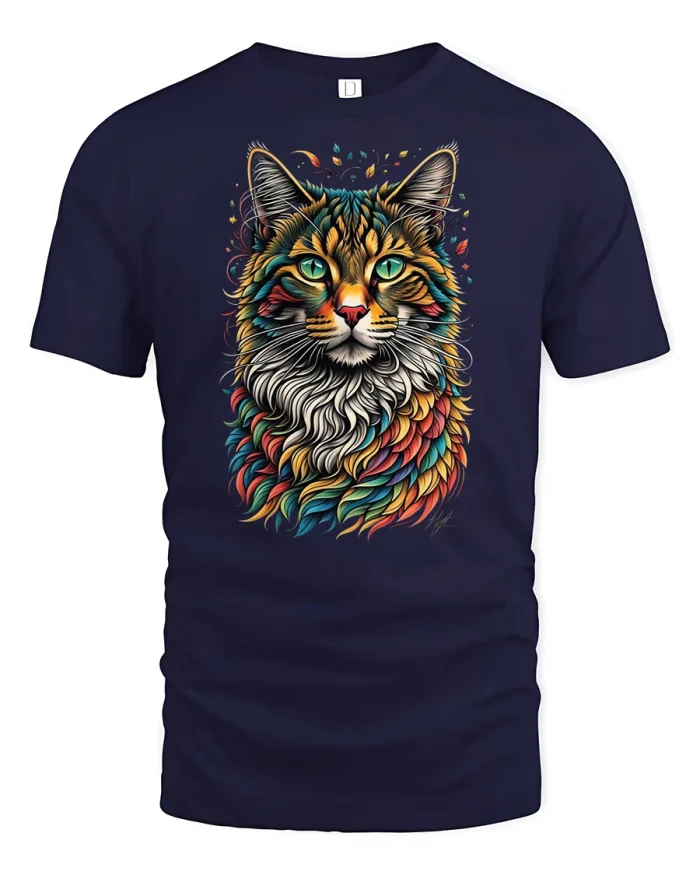 Vibrant Artistic Cat Graphic Tee for Cat Lovers - navy t-shirt on white background