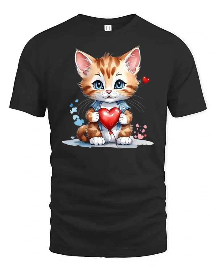Cute Cat Holding Heart T-Shirt - black t-shirt on white background