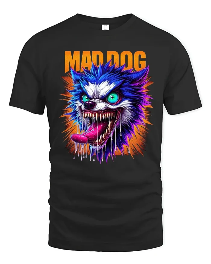 Mad Dog T-Shirt - Wild Crazy Canine Energy Tee - black t-shirt on white background