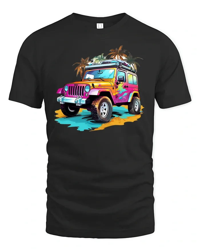 Tropical Adventure Jeep T-Shirt - black t-shirt on white background