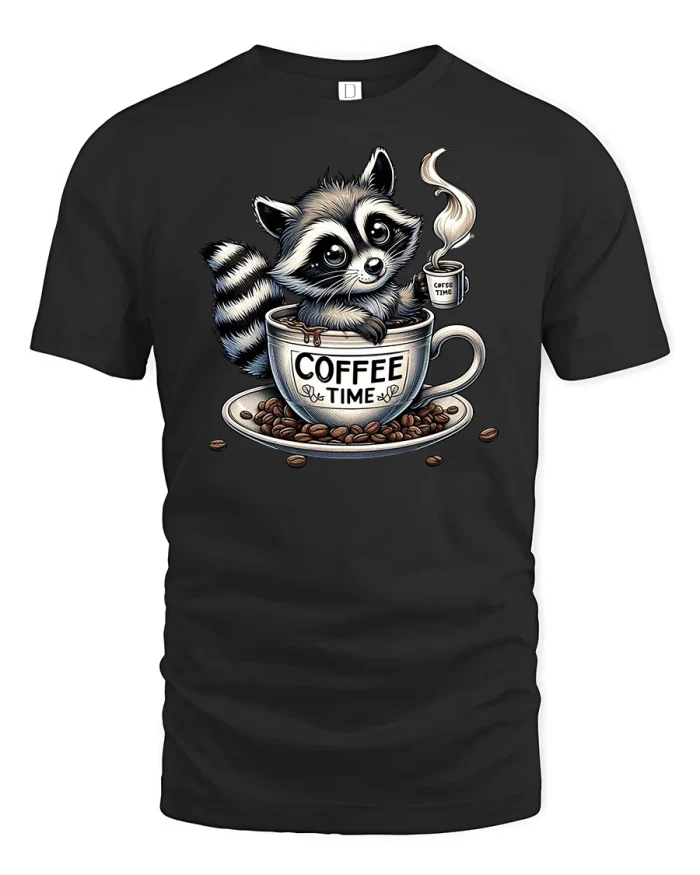Coffee Time Raccoon T-Shirt - black t-shirt on white background