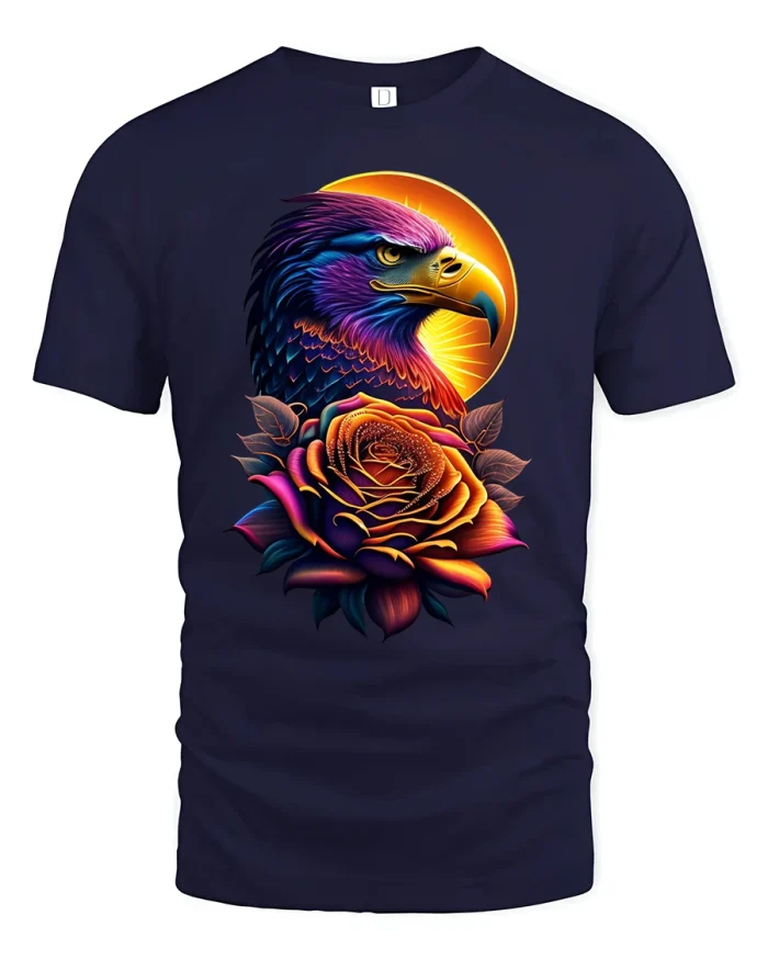 Eagle and Rose T-Shirt - Bold Freedom Spirit Tee - navy t-shirt on white background