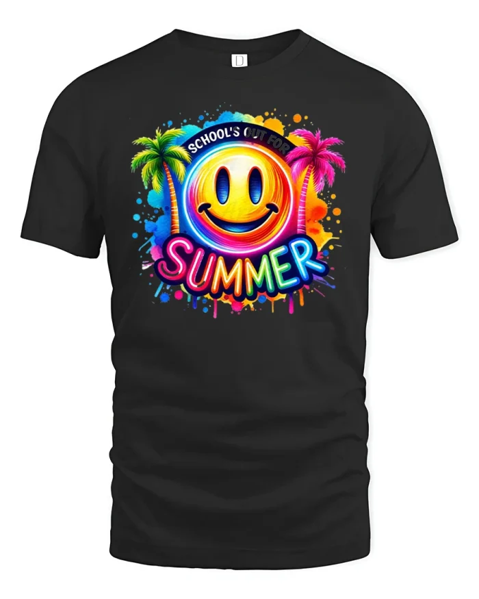 School’s Out for Summer Fun Smiley Beach Tee - black t-shirt on white background