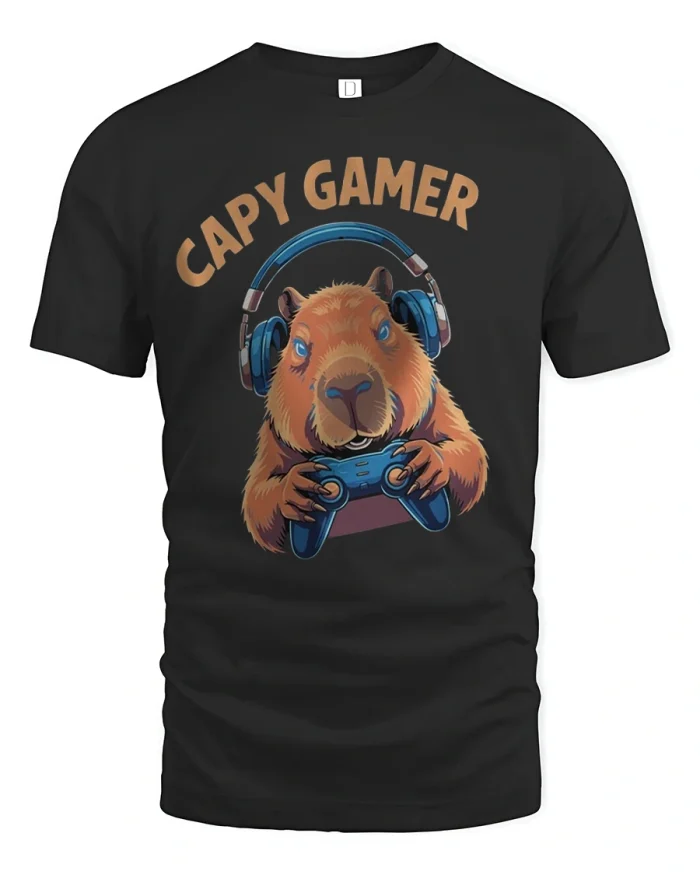 Capy Gamer Funny Capybara Gaming Graphic Tee - black t-shirt on white background