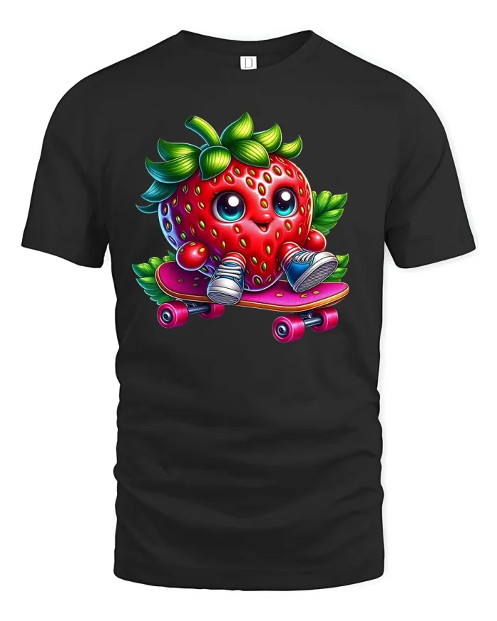 Skater Strawberry Cute Fun Fruit Cartoon Tee - black t-shirt on white background