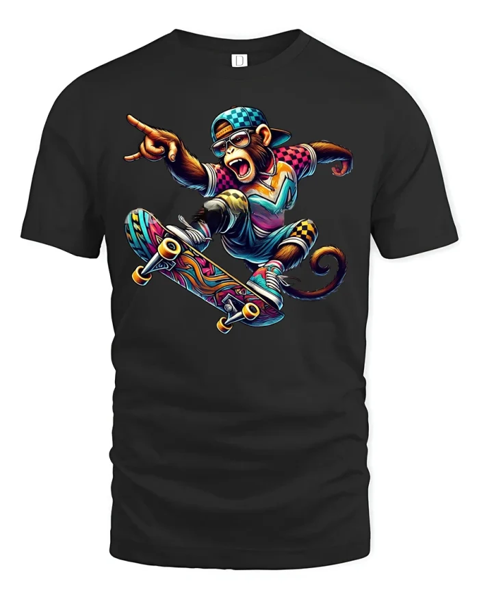 Skater Monkey Cool Street Style Animal Tee - black t-shirt on white background