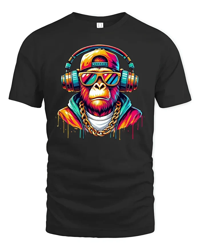 DJ Monkey Cool Music Lover Street Style Tee - black t-shirt on white background