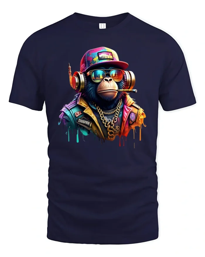 Cool DJ Monkey Funky Streetwear Graphic Tee - navy t-shirt on white background