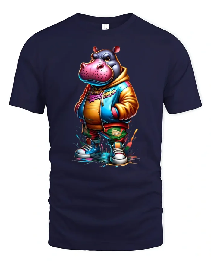 Cool Hippo Streetwear Funny Urban Animal Tee - navy t-shirt on white background