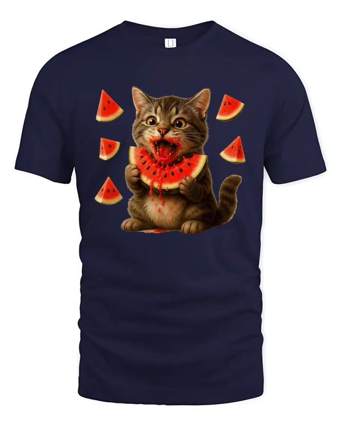 Funny Watermelon Cat Cute Summer Kitty Tee - navy t-shirt on white background