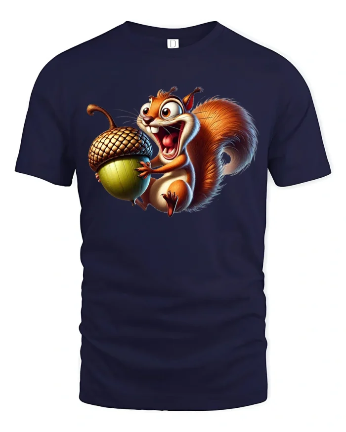 Funny Squirrel with Acorn Cute Autumn Animal Tee - navy t-shirt on white background