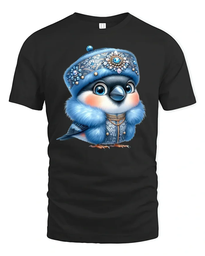 Royal Bluebird Winter Charm Cute Art Graphic Tee - black t-shirt on white background