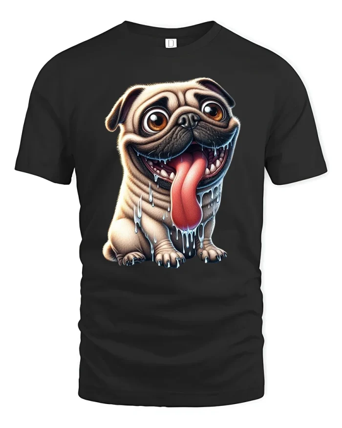 Funny Drooling Pug Face Cartoon Dog Lover T-Shirt - black t-shirt on white background