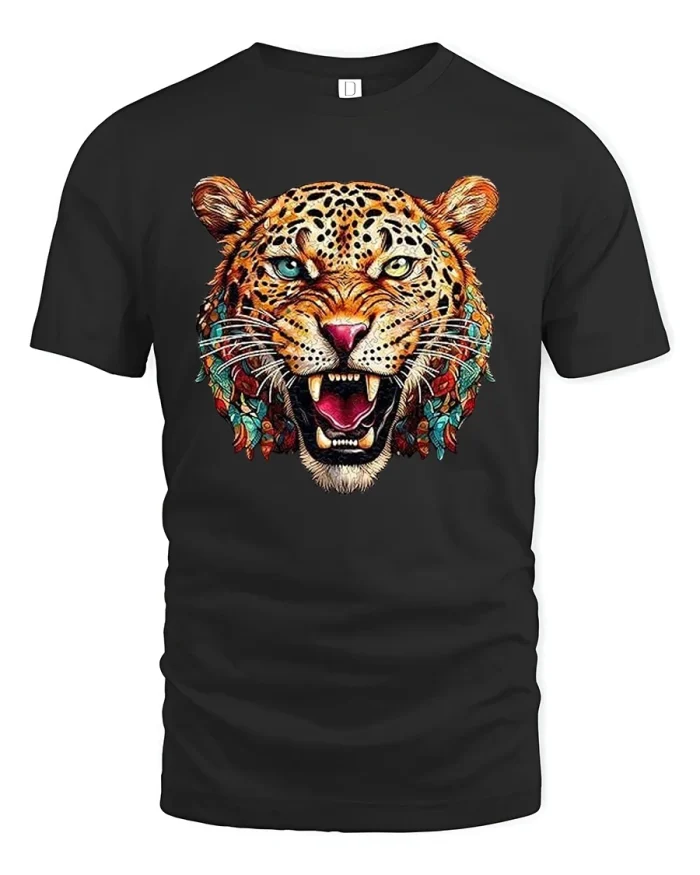 Wild Leopard Roar Jungle King Art Graphic T-Shirt - black t-shirt on white background