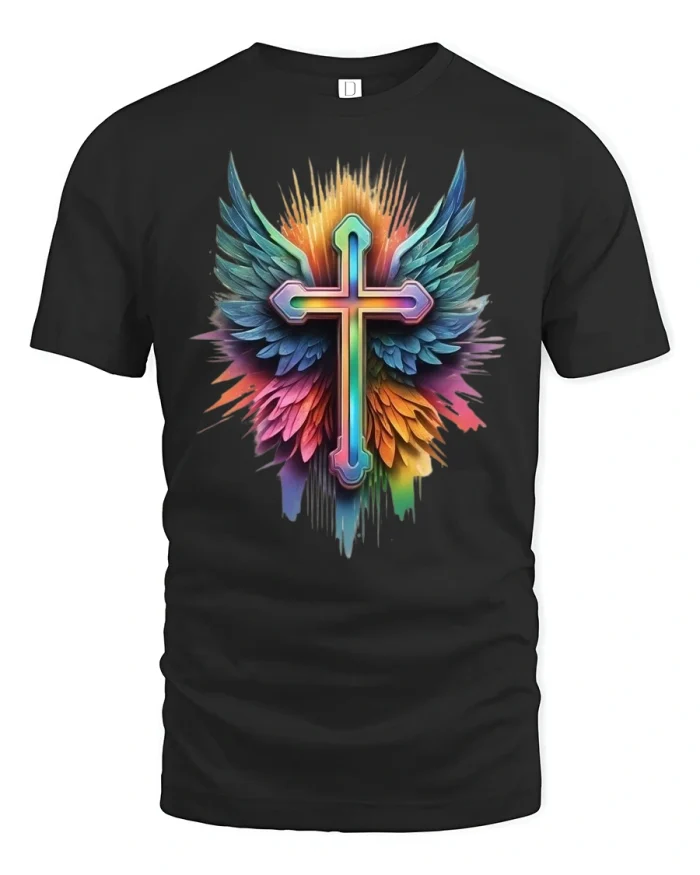 Vibrant Cross With Angel Wings Faith Art Graphic Tee - black t-shirt on white background