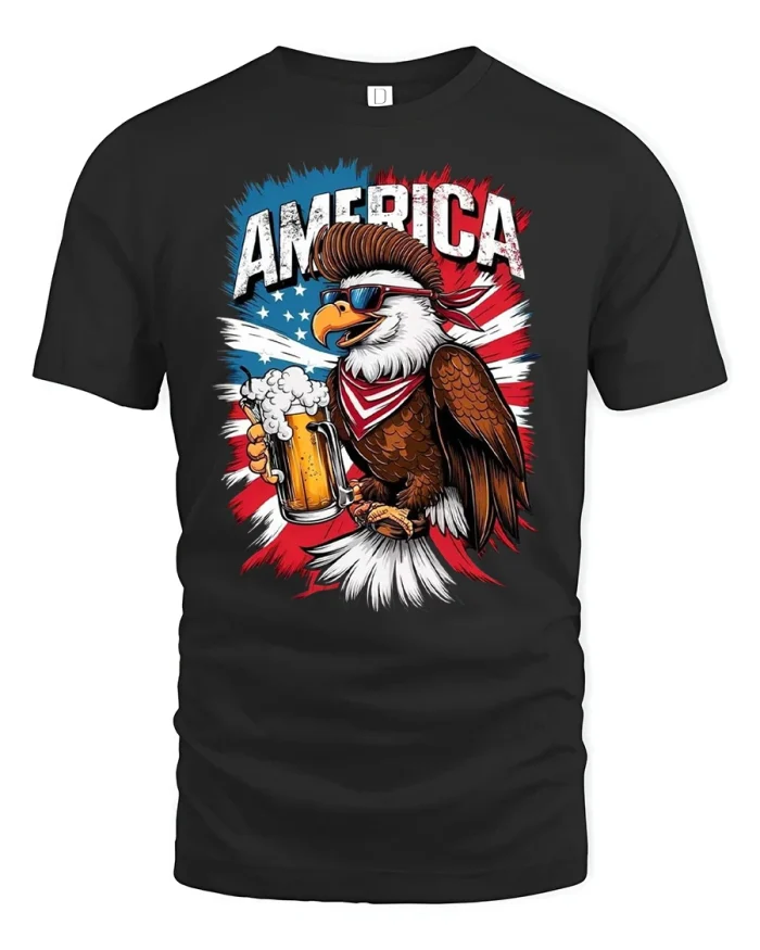 Funny America Eagle Beer Mug Patriotic Party T-Shirt - black t-shirt on white background