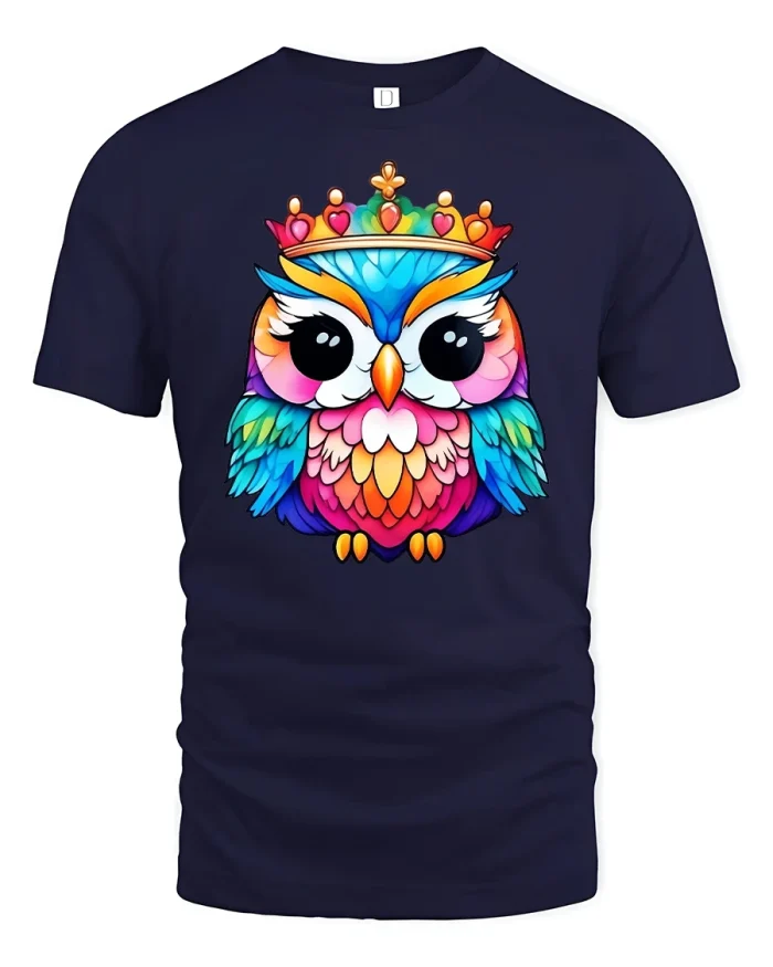 Colorful Owl Queen Cute Art Crowned Bird Graphic Tee - navy t-shirt on white background