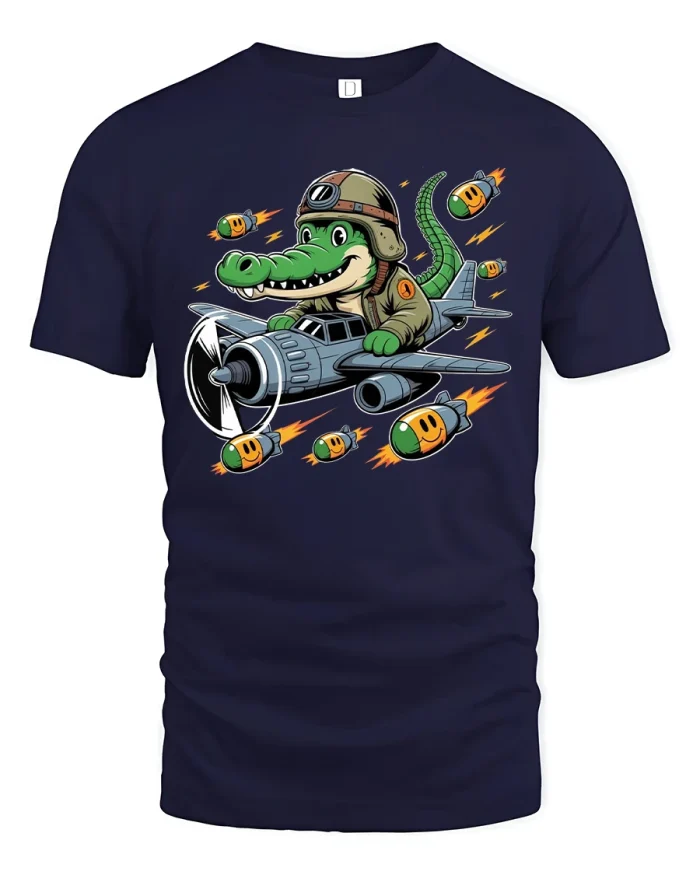 Funny Crocodile Pilot Cartoon Airplane Adventure Tee - navy t-shirt on white background