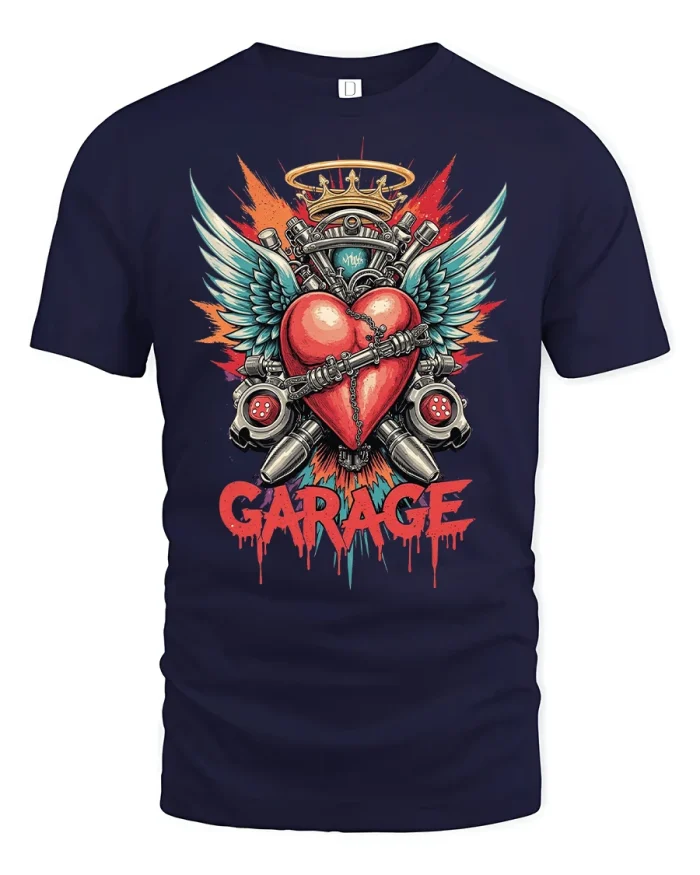 Winged Heart Garage Mechanic Engine Art Graphic Tee - navy t-shirt on white background