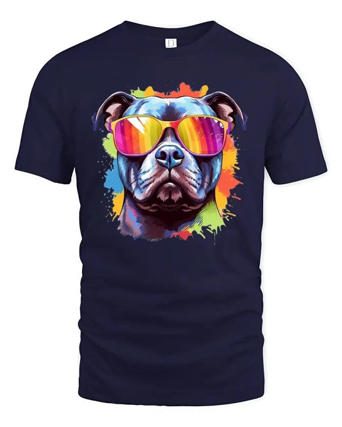 Cool Dog With Sunglasses Colorful Art Graphic T-Shirt - navy t-shirt on white background