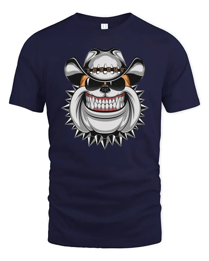 Cool Bulldog Cowboy Hat Funny Western Graphic T-Shirt - navy t-shirt on white background