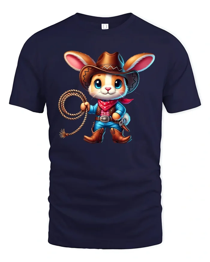 Cute Cowboy Bunny Cartoon Western Style Graphic T-Shirt - navy t-shirt on white background
