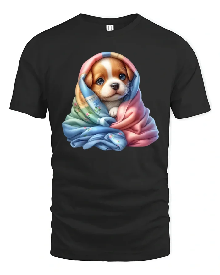 Cute Puppy Wrapped In Blanket Cozy Dog Lover T-Shirt - black t-shirt on white background