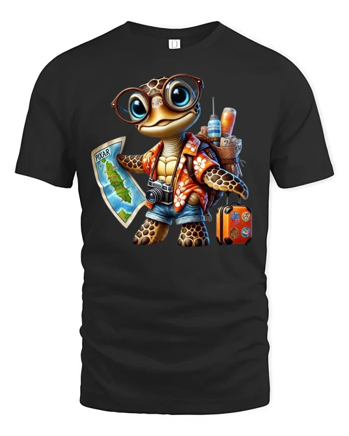 Cute Traveling Turtle Vacation Adventure Graphic T-Shirt - black t-shirt on white background