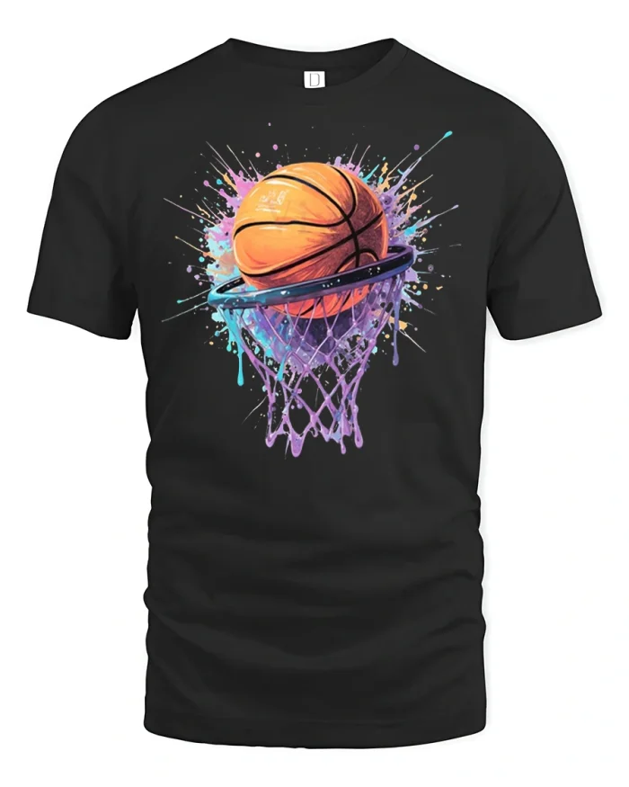 Colorful Basketball Splash Art Hoop Shot Graphic T-Shirt - black t-shirt on white background