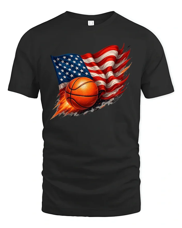 American Flag Basketball Fire USA Sports Pride T-Shirt - black t-shirt on white background