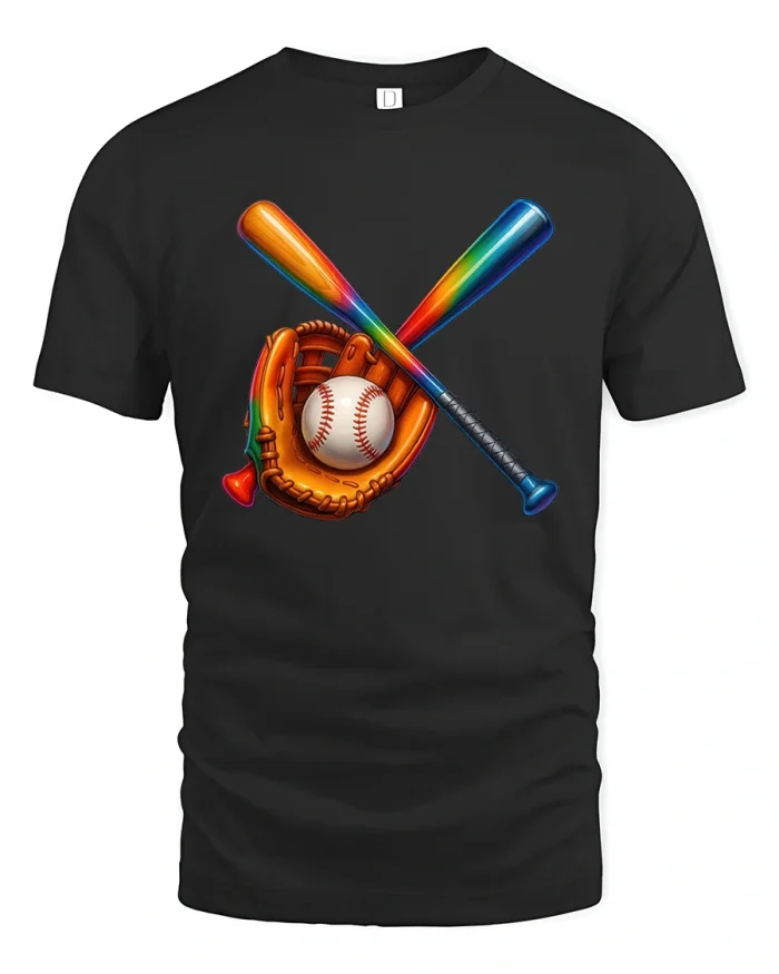 Colorful Baseball Bats and Glove Art Sports T-Shirt - black t-shirt on white background