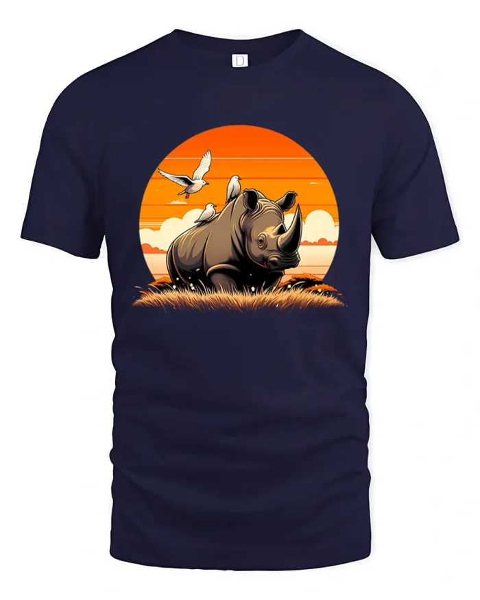 Sunset Rhino Safari Art Wildlife Graphic T-Shirt - navy t-shirt on white background