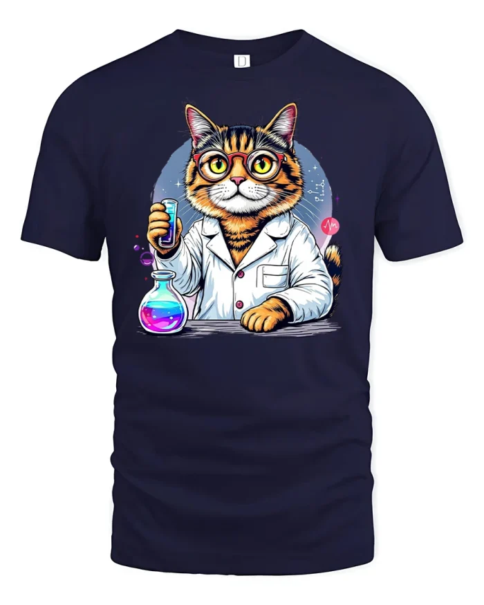Funny Scientist Cat Chemist Lab Art Graphic T-Shirt - navy t-shirt on white background