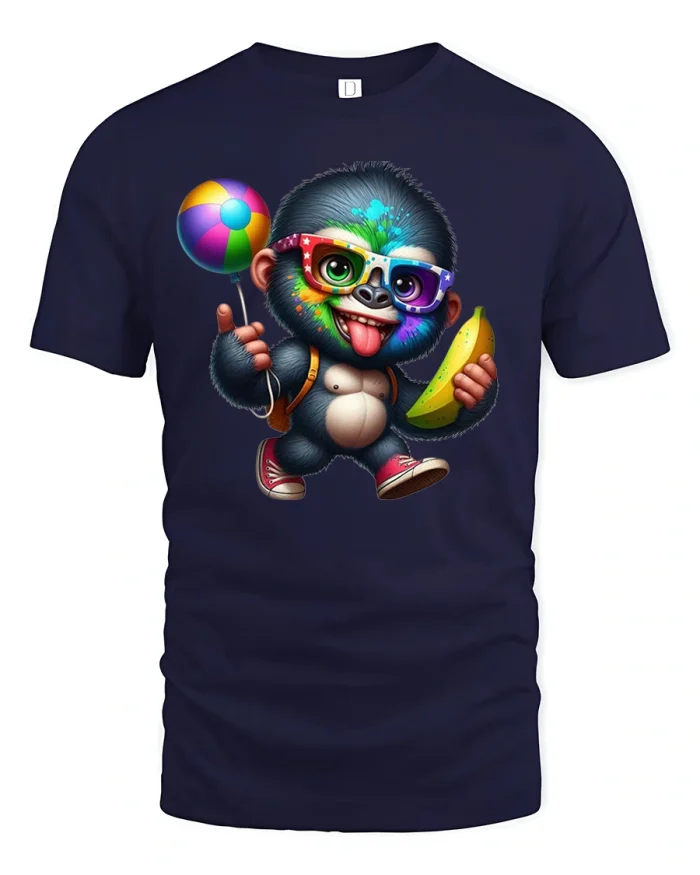 Funny Baby Gorilla Banana Beach Party Graphic T-Shirt - navy t-shirt on white background