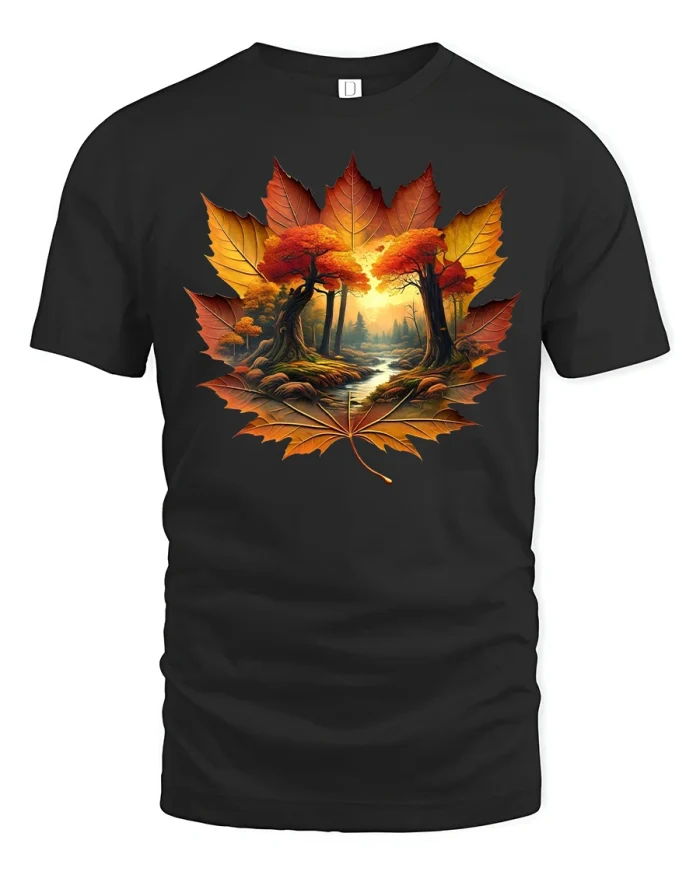 Autumn Forest T-Shirt with Maple Leaf Landscape Art - black t-shirt on white background