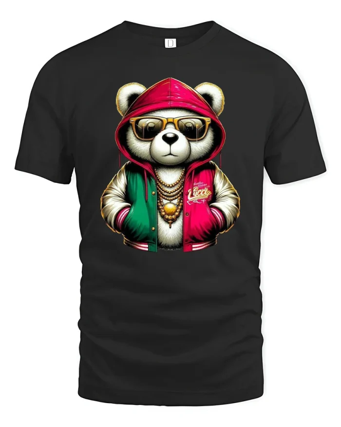 Cool Bear T-Shirt with Hoodie and Street Style Swag - black t-shirt on white background