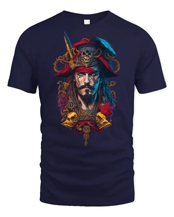Pirate Skull T-Shirt with Captain and Gothic Design - navy t-shirt on white background