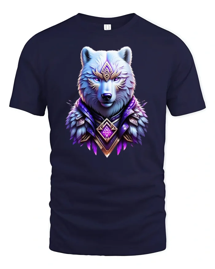 Mystic Wolf T-Shirt with Glowing Eyes and Tribal Art - navy t-shirt on white background
