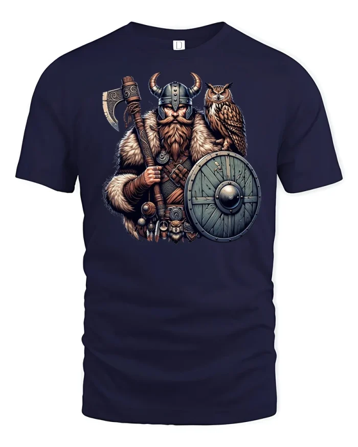 Viking Warrior T-Shirt with Owl and Battle Shield Art - navy t-shirt on white background