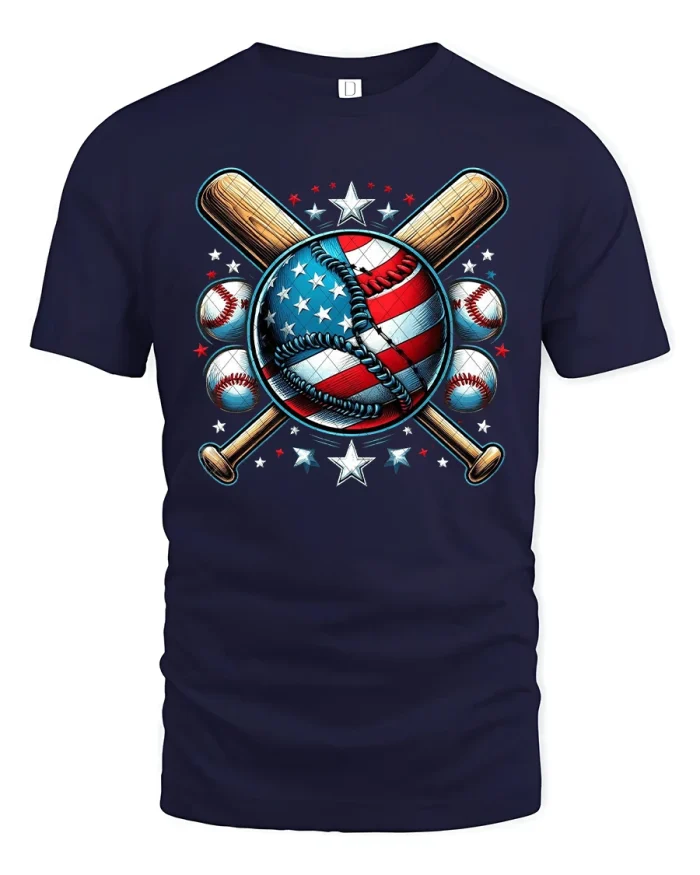American Baseball T-Shirt with Flag and Bat Design - navy t-shirt on white background