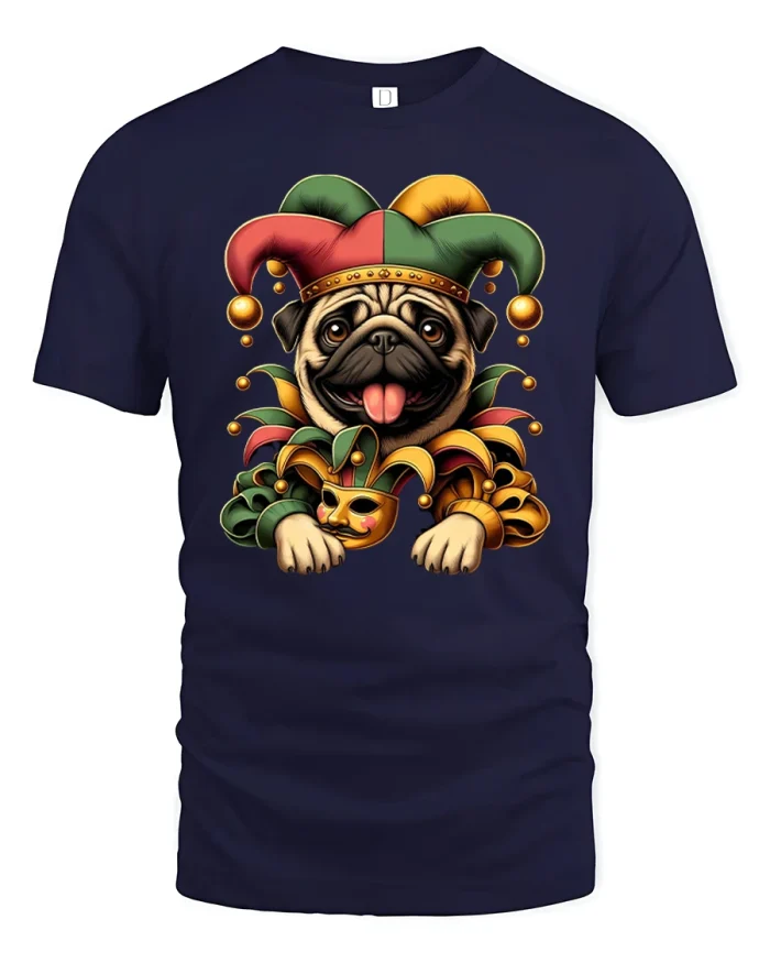 Funny Pug Jester T-Shirt for Dog Lovers and Parties - navy t-shirt on white background