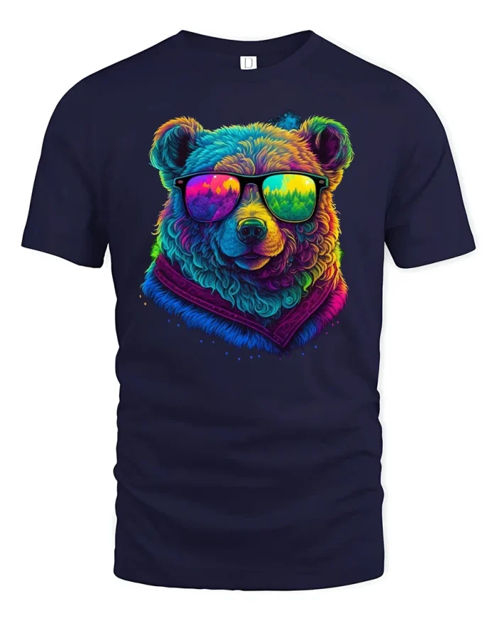 Cool Bear T-Shirt with Rainbow Glasses and Style - navy t-shirt on white background