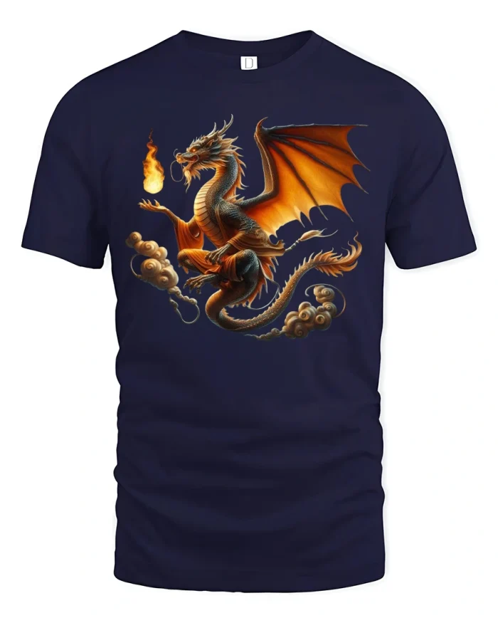 Fire Dragon T-Shirt with Wings and Flame Artwork - navy t-shirt on white background