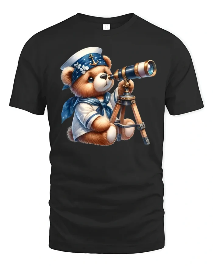 Cute Sailor Bear T-Shirt with Telescope Adventure Design - black t-shirt on white background