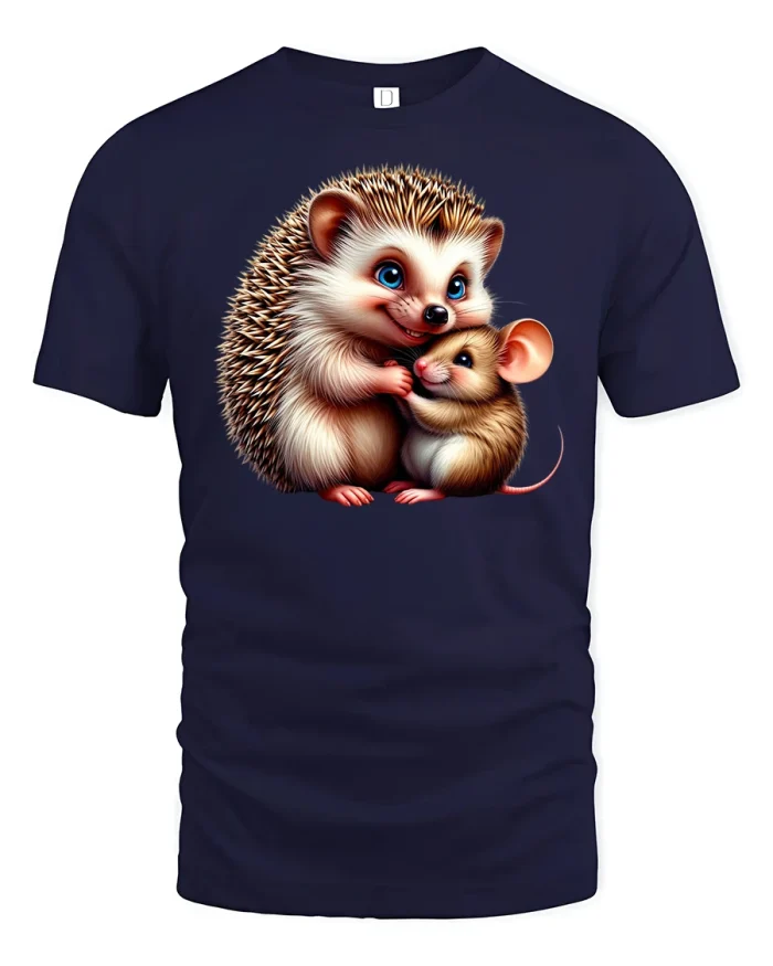 Cute Hedgehog and Mouse T-Shirt for Animal Lovers - navy t-shirt on white background