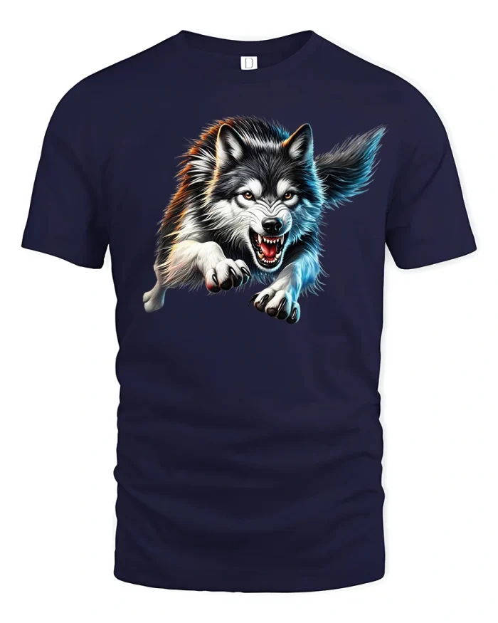 Fierce Wolf Attack T-Shirt for Wild Nature Lovers - navy t-shirt on white background