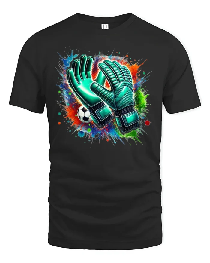 Vibrant Soccer Goalie Gloves Splash Art Tee - black t-shirt on white background