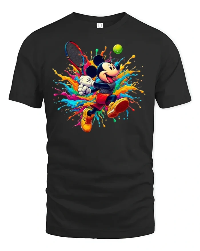 Color Splash Tennis Player Cartoon Graphic Tee - black t-shirt on white background
