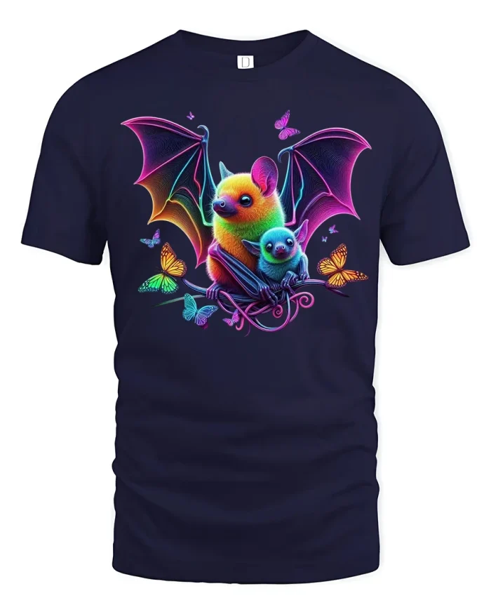 Colorful Neon Bat Family Tee with Butterfly Design - navy t-shirt on white background