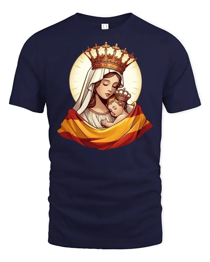 Blessed Virgin Mary and Child Crowned Graphic Tee - navy t-shirt on white background
